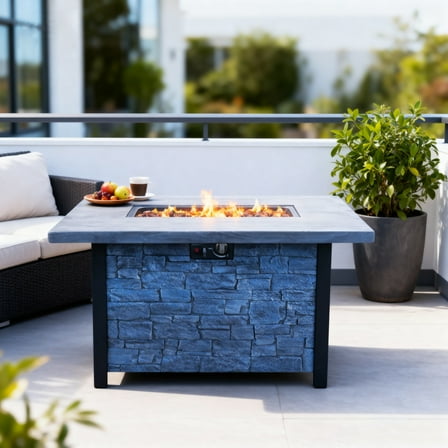 44 Inch Outdoor Propane Gas Fire Pit Table with 50000 BTU Heat Output for Patio Deck or Backyard Use High Temperature Resistant Cultured Stone Effect Finish Includes Table Cover