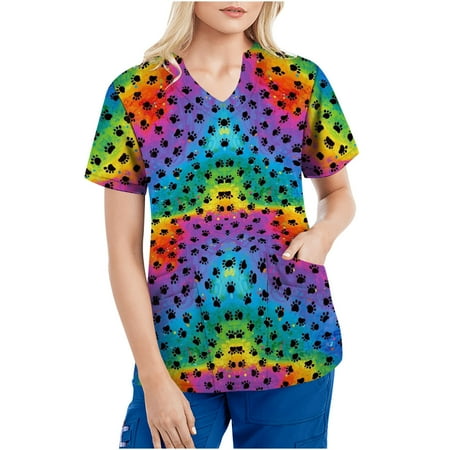 

Mchoice Women s Tie-Dye Gradient Print Scrub Tops Short Sleeve V-neck Working Uniform With Four Pockets on Clearance