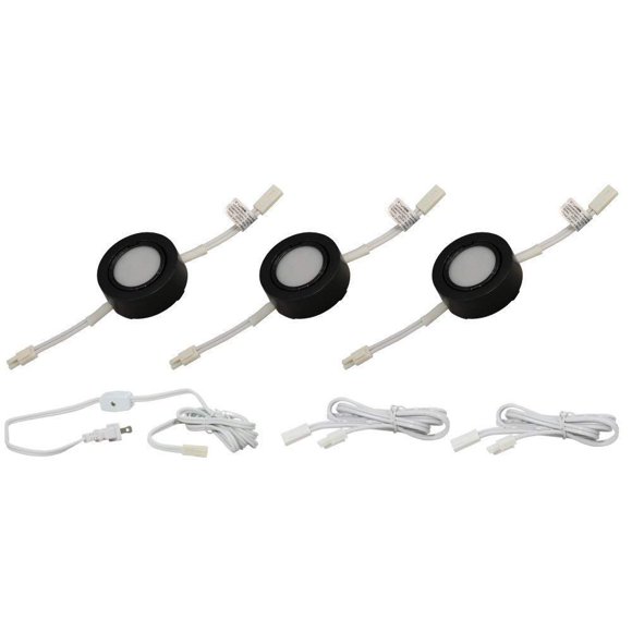Kit de Lumière 3 LED - Couvercle Noir avec Lumière Blanc Chaud (3,000k) - sous Armoire et Meubles - 120v/110v - Dimmable - Tension de Ligne (Pas Besoin de Transformateur) (Lumière Blanc Chaud/couvercle Noir 3 Pack)