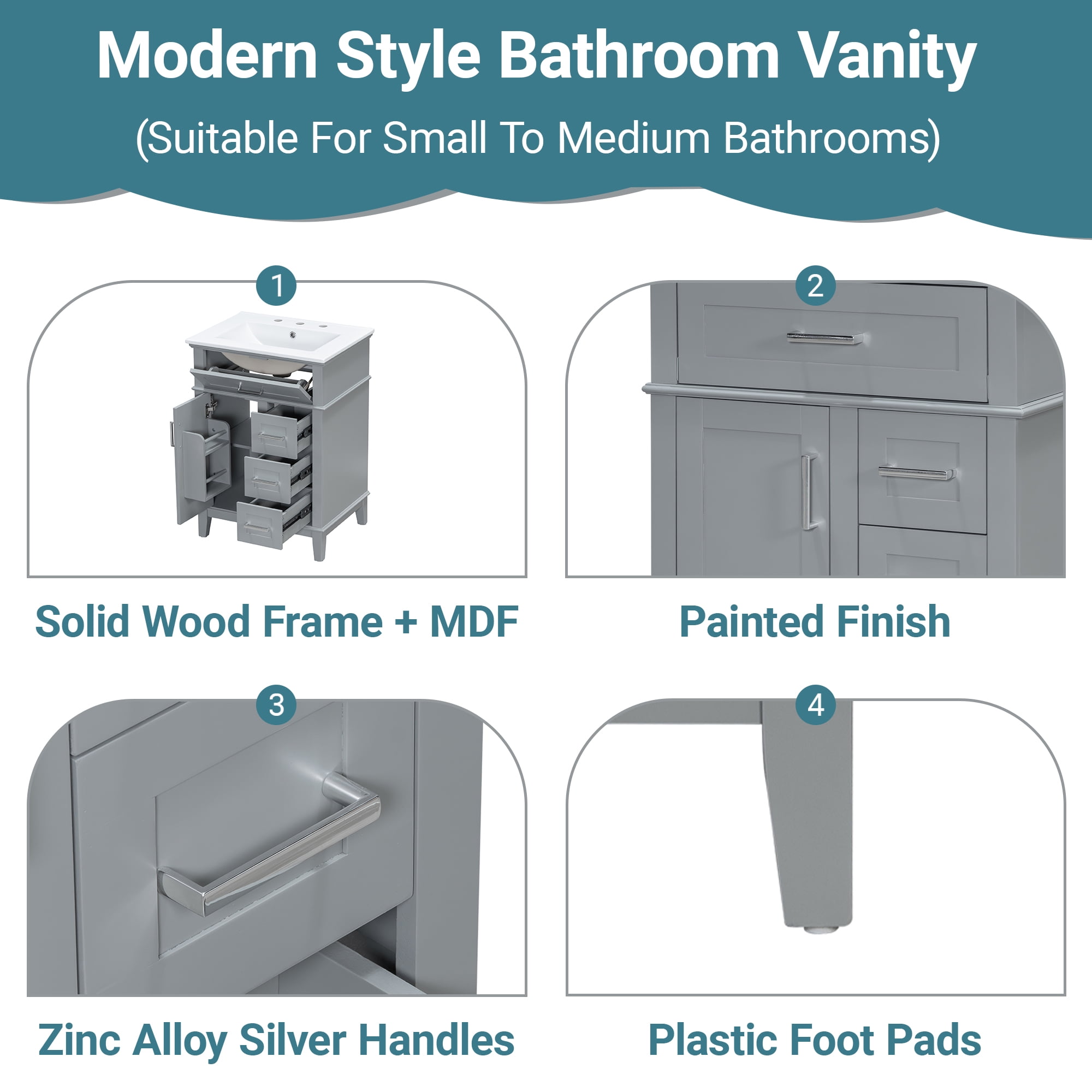 GARITIN 24 Inch Bathroom Vanity with Ceramic Sink, Solid Wood Frame & MDF Cabinet, 1 Door, Flip Drawer & 3 Drawers, Soft Close Hinges, Adjustable Shelf, Gray