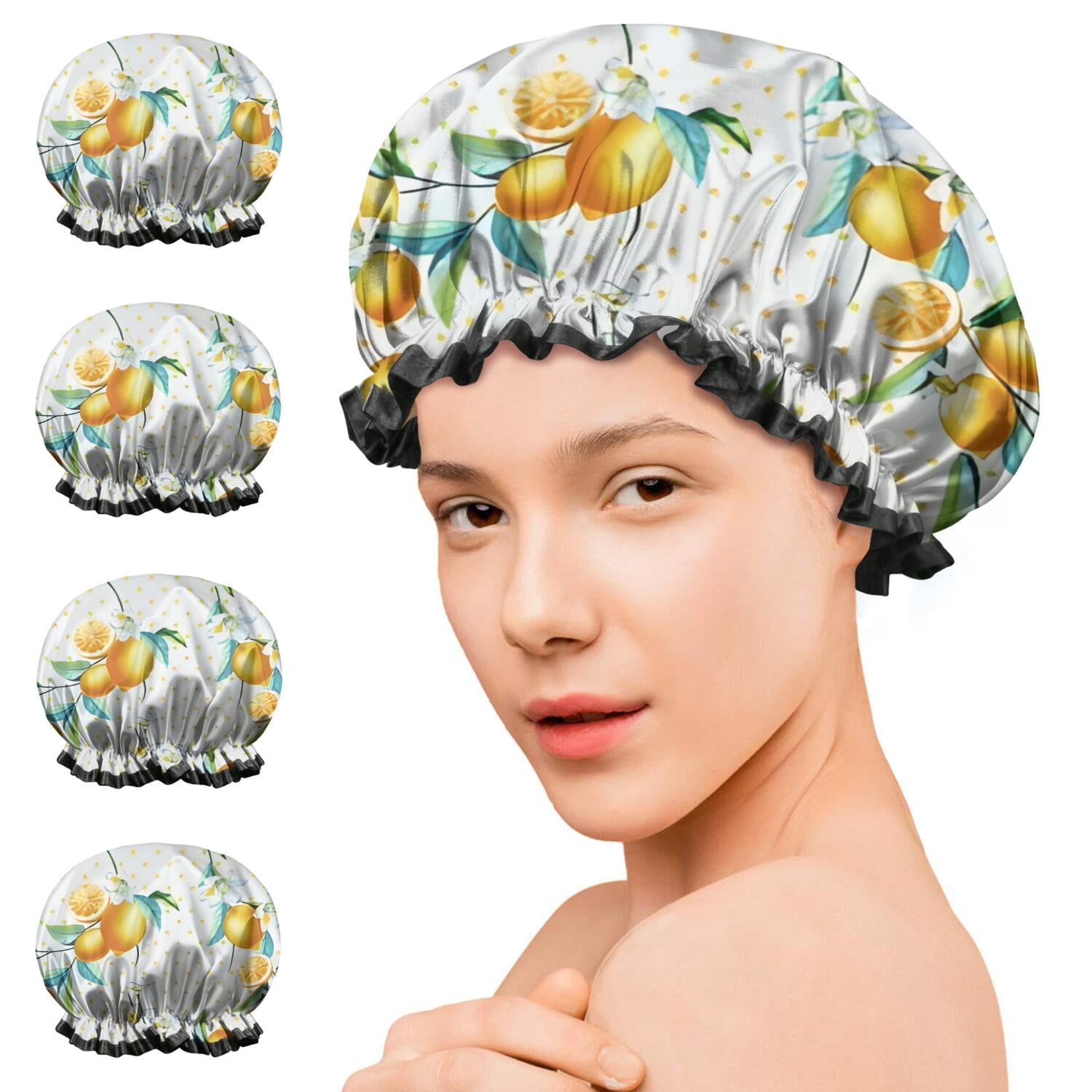 Shower Caps,Yellow Lemon Flowers White Pattern Waterproof Shower Cap for Women 4 Pieces,Double Reusable Hair Cover for Shower PEVA Elastic Stretch Hem