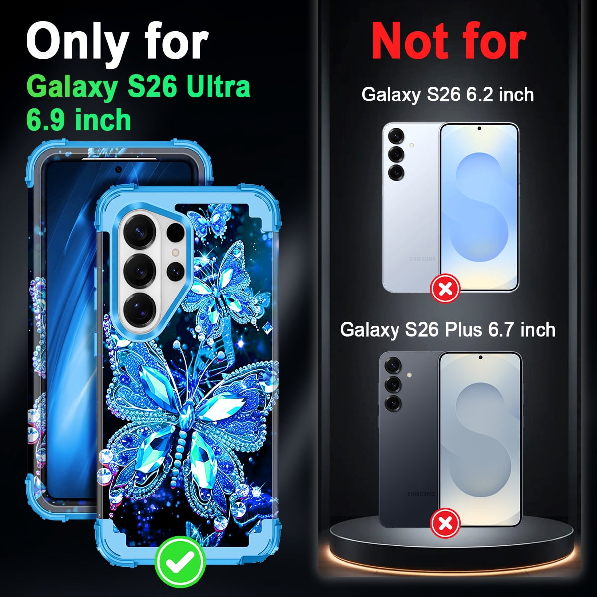 Casetego for Samsung Galaxy S26 Ultra 5G Case,Glow in The Dark Three Layer Heavy Duty Sturdy Shockproof Protection Rugged Hard PC+Soft TPU Bumper Case for Galaxy S26 Ultra,Blue Butterfly