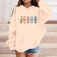 thumbnail image 2 of Girls Long Sleeve Sweatshirts Jesus Letter Print Kids Casual Crewneck Loose Fit Pullover with Pockets,Beige,5-6 Years, 2 of 4