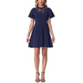 thumbnail image 1 of Vestido Midi Casual de Cuello Alto con Mangas de Volante de Encaje Floral para Mujeres Chic en Azul Oscuro, 1 of 5