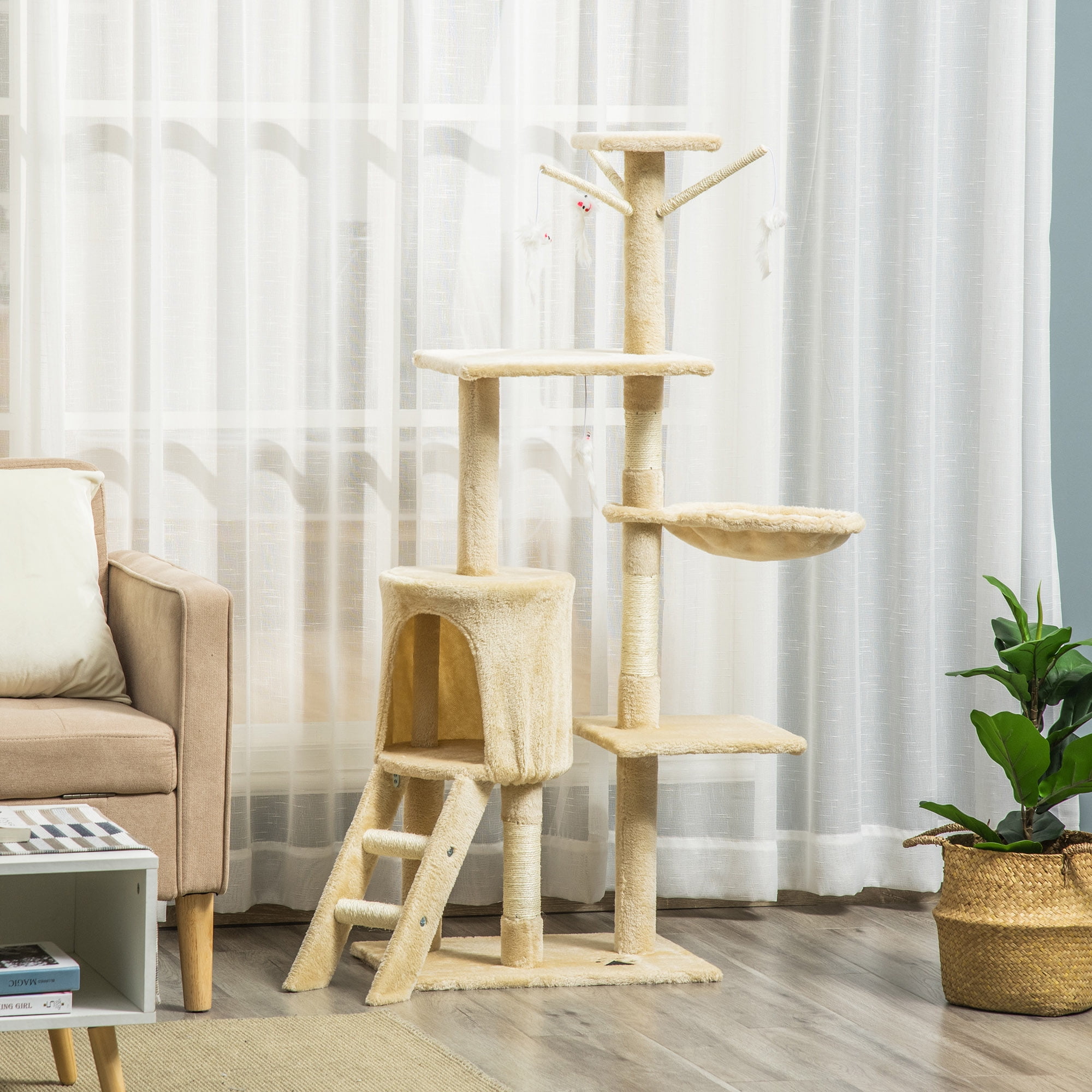 53" Interactive Cat Condo Tower Scratching Post Activity Tree House Plush Sturdy Cat Tree- Beige