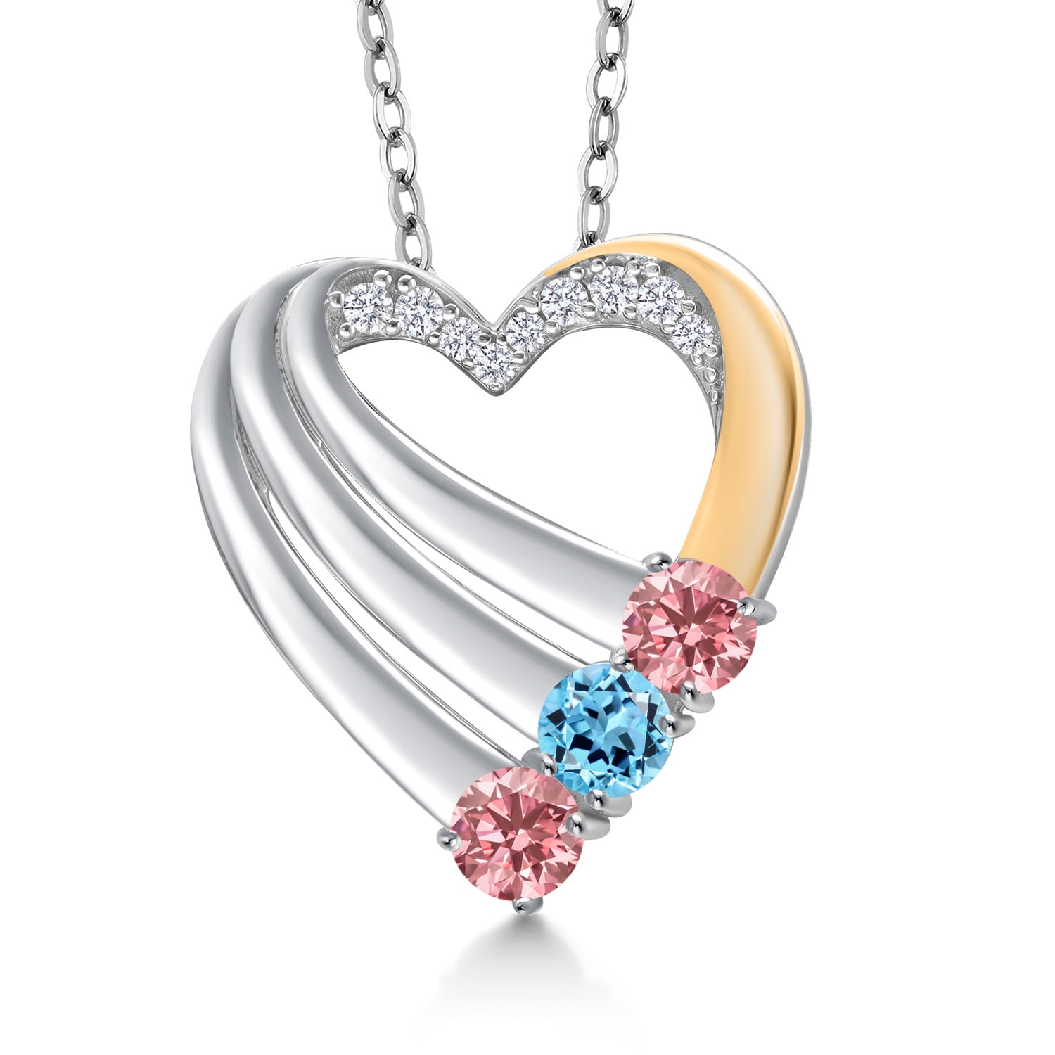 925 Silver and 10K Yellow Gold Pink Lab Grown Diamond and Swiss Blue Topaz and White Lab Grown Diamond Heart Pendant for Women | 0.96 Cttw | Gemstone April Birthstone | With 18 inch Chain
