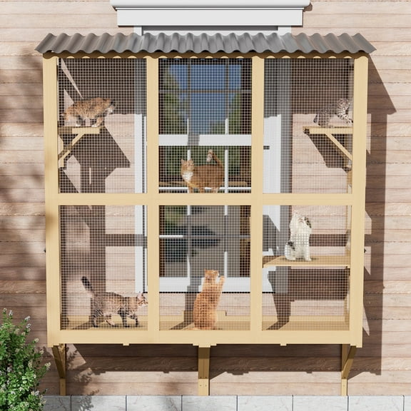 Magic Union Catio Large Cat Window Box, Wooden Cat Window Perch Enclosure W/4 Platform & 3 Door for Sunbathing, Overlooking, Expandable Cats Window Box with Tunnel Connection, All Weather Use
