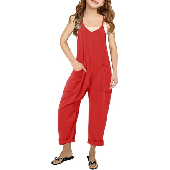 ZANKLEY Girls' Casual Sleeveless Jumpsuits Spaghetti Strap Loose Romper Long Pants with Pockets Daily Wear