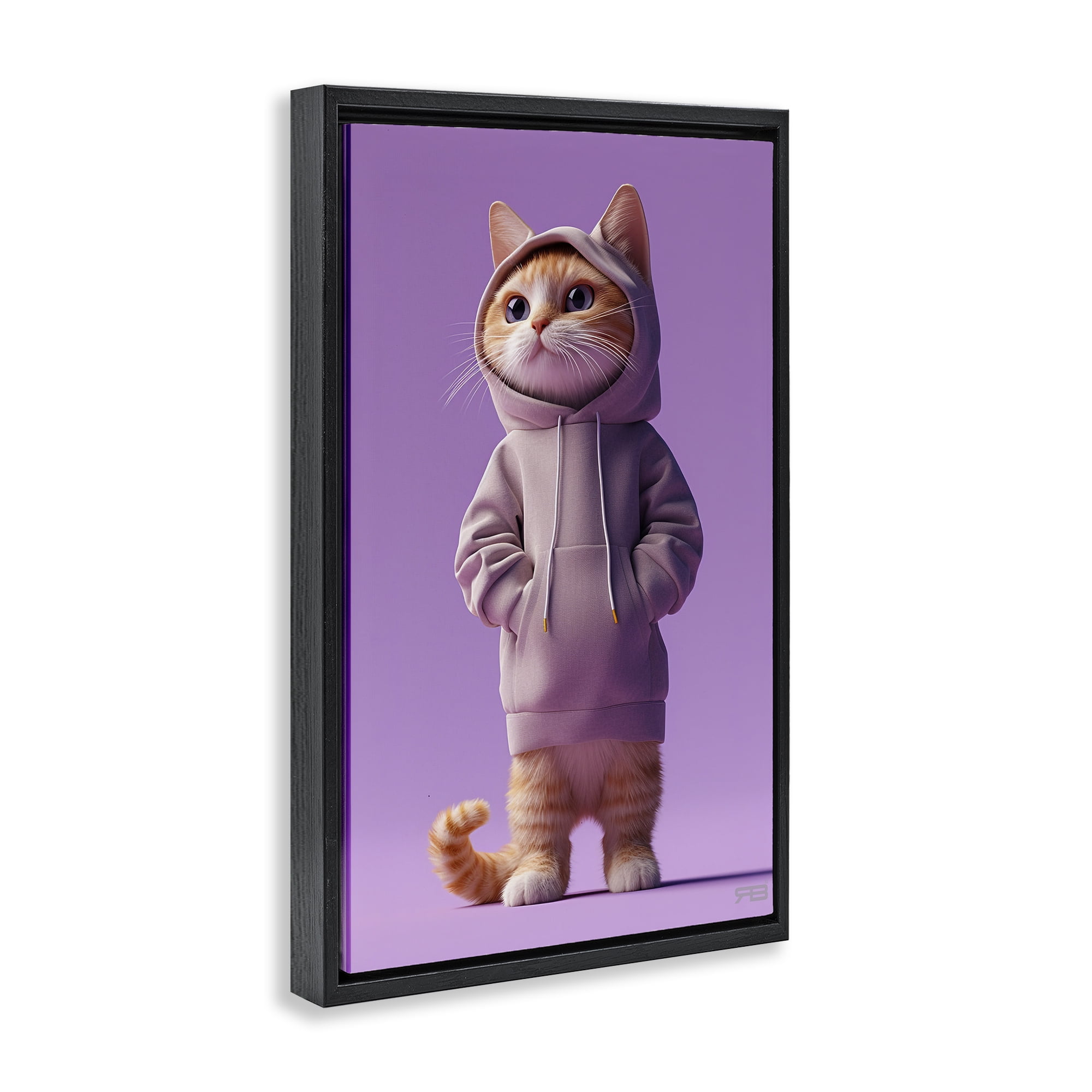 Stupell Industries Trendy Cat in Purple Animals & Insects Painting Black Floater Framed Canvas Art Print Wall Art, 21 x 31