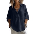 thumbnail image 3 of ClodeEU Women's V Neck 3/4 Sleeve Linen Blend Blouse,Casual Loose Fit Half Button Shirt Navy,Women's Plus XXL, 3 of 9
