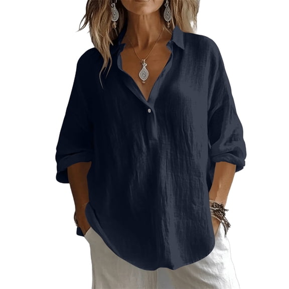 hoksml Women's Cotton Linen V Neck Blouse, Roll-Up Sleeve Henley Casual Shirt, Loose Fit Top for Daily and Office Wear