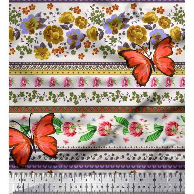 Soimoi Green Crepe Silk Fabric Floral & Insect Patchwork Print Fabric by The Yard 42 Inch Wide