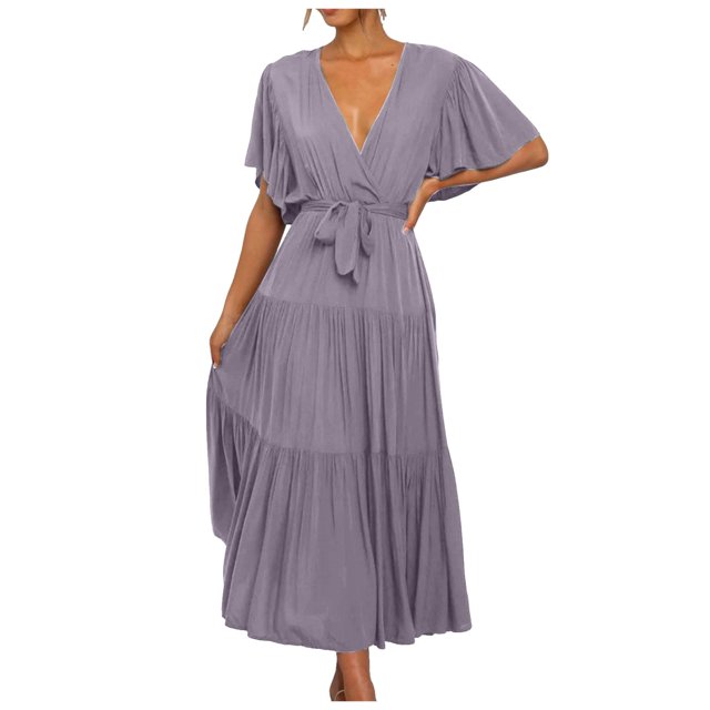 Vestido bohemio de mujer con cuello en V, estampado, manga corta y falda larga hasta la cintura: poliéster ligero, cintura elástica, adecuado para primavera/verano, trabajo/fiestas.
