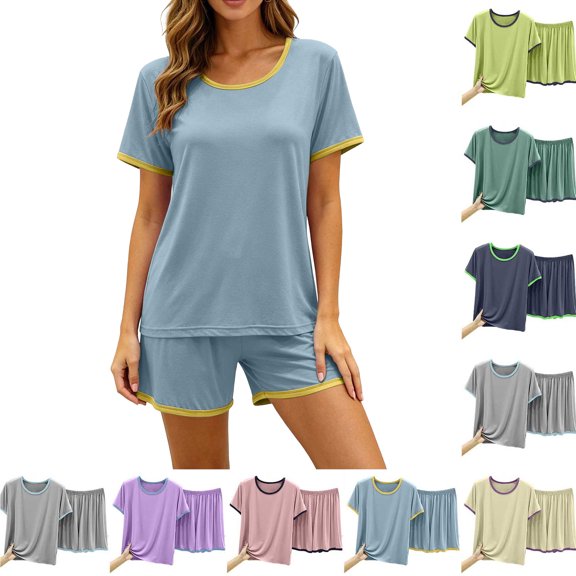 Pajamas for Women Set Dqueduo Women's Solid Color Crew Neck Short Sleeve Top & Shorts Pajama Set – Contrast Piping Loungewear