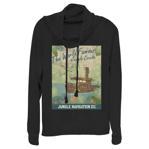 Junior's Jungle Cruise La Quila Retro Poster Cowl Neck Sweatshirt Black X Large