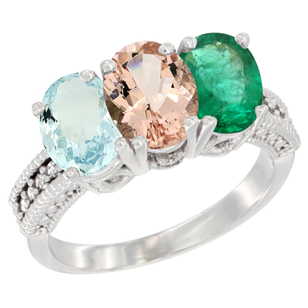 14K White Gold Natural Aquamarine, Morganite & Emerald Ring 3-Stone Oval 7x5 mm Diamond Accent, sizes 5 10 by WorldJewels