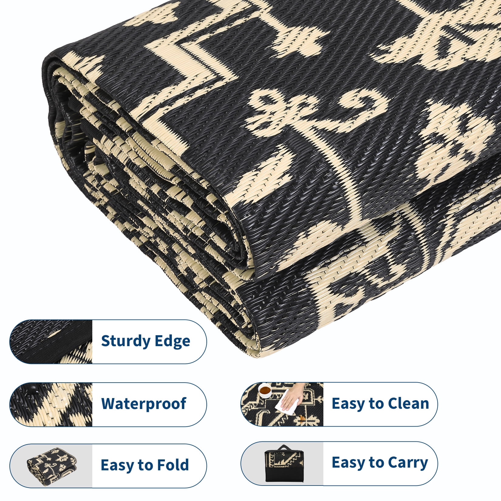 Nanan 9x18ft Outdoor Patio Rug, Portable Waterproof Plastic PP Tube Rug, Modern Scalloped Edge Mat for Deck, Yard, Camping, Balcony & Poolside, Black/Brown