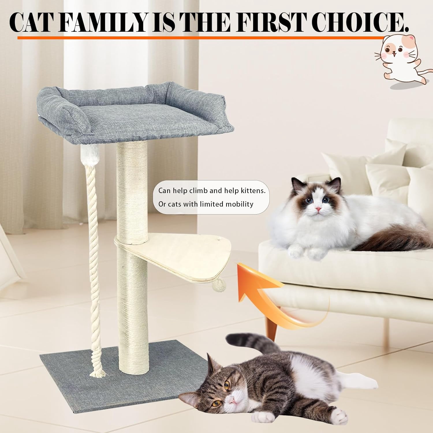 Tall Cat Tree Tower for Large Indoor Cats, 35" Sisal Scratching Post with Plush Perch, Hammock, and Spacious Bed, Stable Cat Climber in Gray