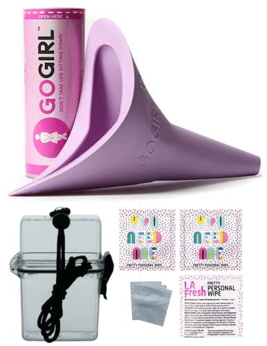GoGirl Female Urination Device, Lavender & Clear Waterproof Case for Spills & Splashes Plus LA Fresh Feminine Natural Wipes & Extra Zip Baggies