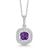 Gem Stone King 925 Sterling Silver Purple Amethyst and White Moissanite Pendant Necklace for Women (1.27 Cttw, Gemstone Birthstone, Cushion 6MM, with 18 inch Chain)