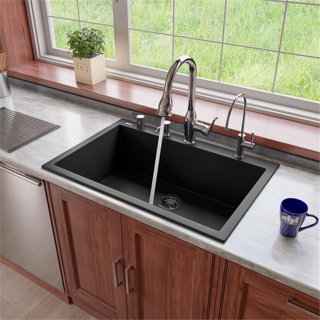 Pemberly Row Black 33" Single Bowl Drop In Granite Composite Kitchen Sink