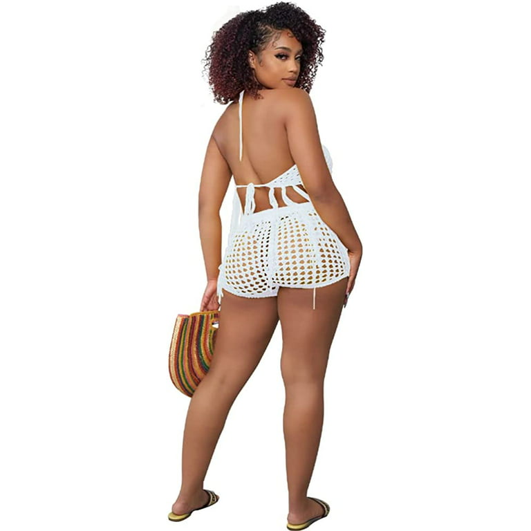 PIKADINGNIS Women's Summer Two Piece Outfits Sexy Bra Top Fringe Pants Set Crochet  Jumpsuit Beach Short Sets 