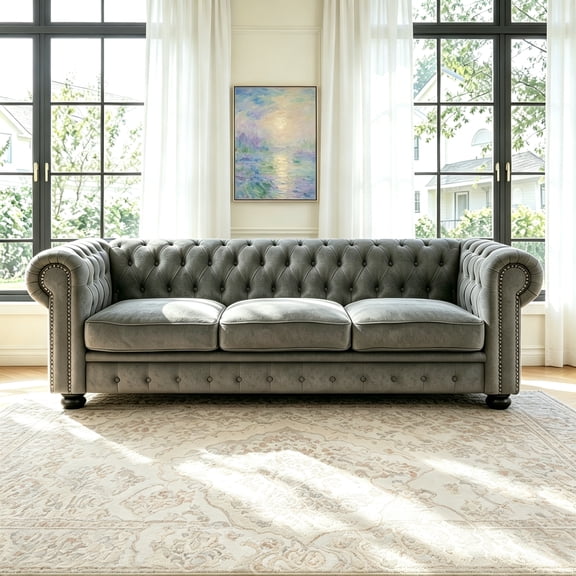 81" Dark Grey Chesterfield Faux Leather Sofa, Rolled Arm 3 Seater Couch, Button Tufted Back, Nailhead Trim, Individual Cushions, Solid Wood Legs for Living Room, Office, Apartment