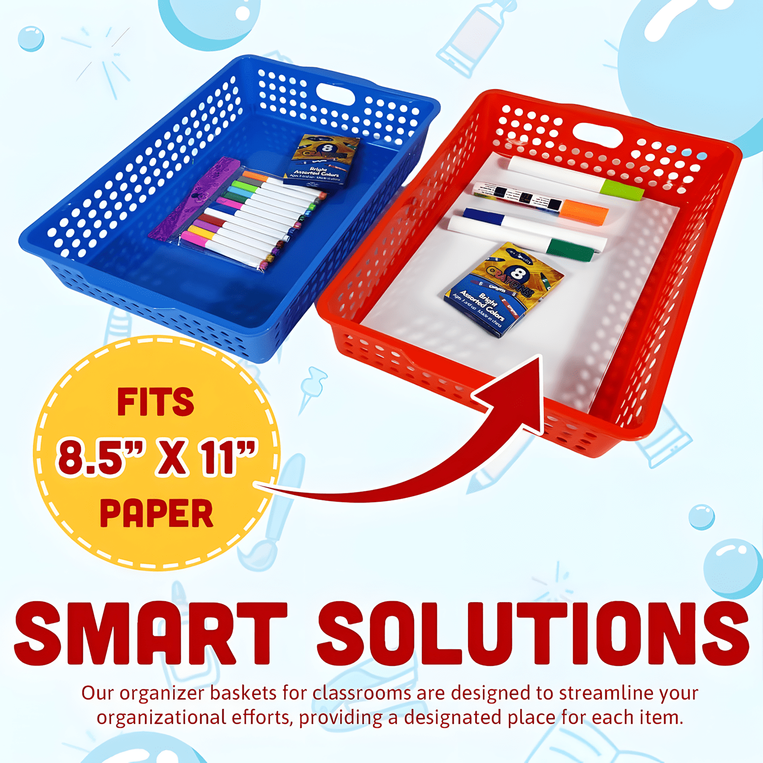 4E's Novelty 6 Pack Colorful Plastic Classroom and Office Storage Bins, A4 Paper Trays with Handles, Stackable