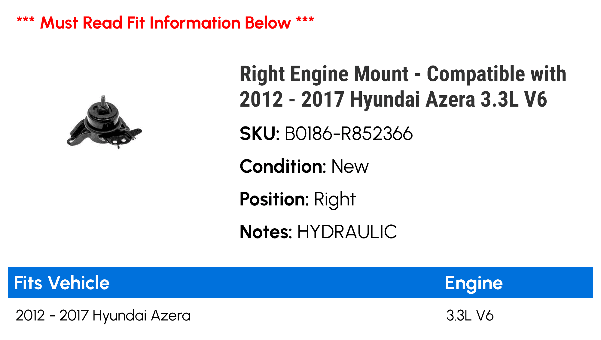 Right Engine Mount - Compatible with 2012 - 2017 Hyundai Azera 3.3L V6 2013 2014 2015 2016