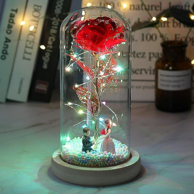 Led encantado Galaxy Rose eterna flor de lámina de oro de 24k con luces de cadena de hadas en cúpula para regalo de Navidad y San Valentín