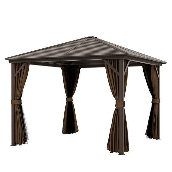 10x10 Hardtop Gazebo Canopy - Aluminum Frame Patio Pavilion with Curtains & Hook - Dark Brown