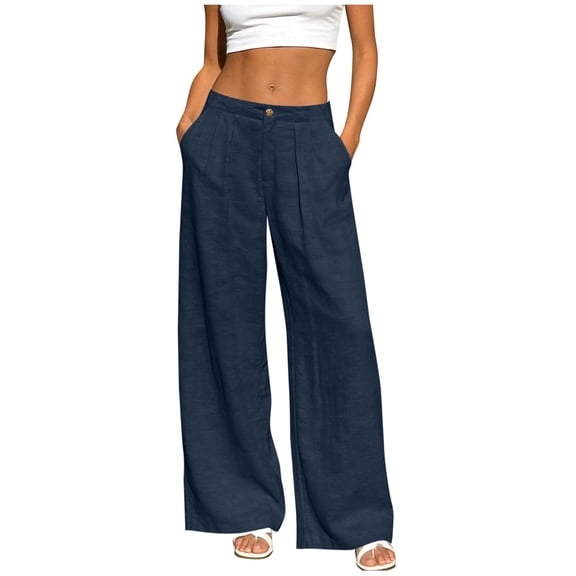 cocolona Womens Summer Casual Palazzo Pants Elastic Waist Straight Wide Leg Vacation Beach Pants with Pockets