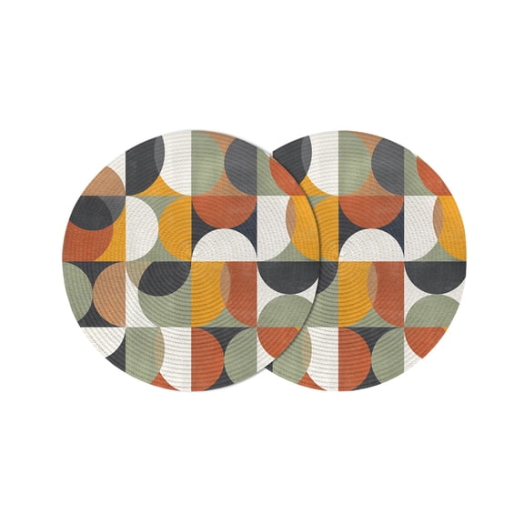 Orange Modern Geometric Round 15 Inch Placemats Set of 2, Abstract Watercolor Semicircle HeatResistant Non Slip Place Mats for Dining Table, Wipeable Braided Kitchen Table Mats for Housewarming