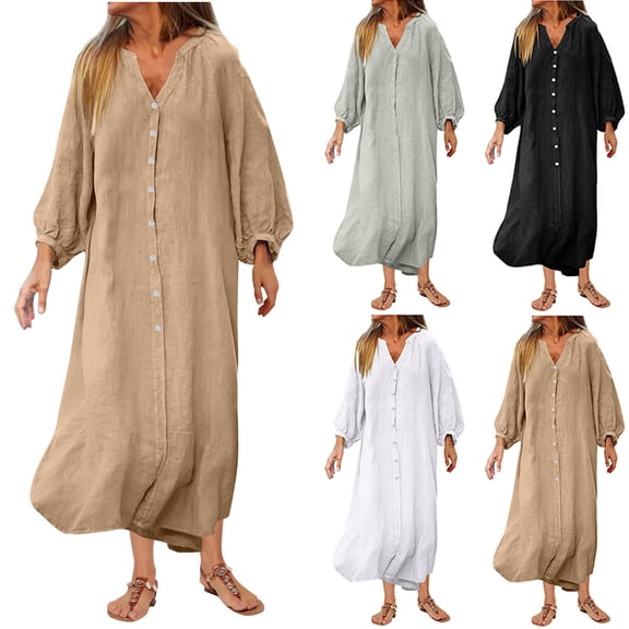 Ashirexll Long Sleeve Maxi Dress, Womens Fall Dresses, Fall Casual Dresses for Women Solid Color Long Sleeve V-Neck Button Dress