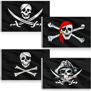 4 Pieces Pirate Flags 3 x 5 Feet Jolly Roger Pirate Flag Skull Bone Pirate Banner Halloween Retro Decorations Flag for Halloween Party Home Decoration, 4 Styles(Classic Style)