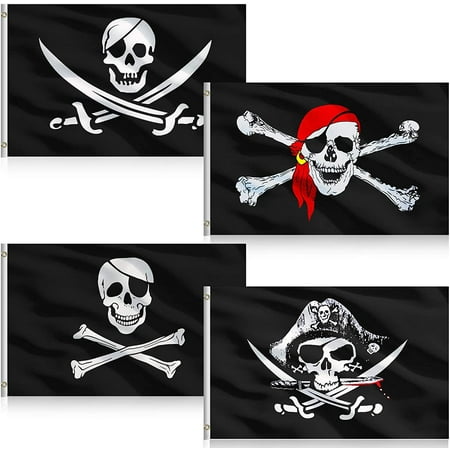 4 Pieces Pirate Flags 3 x 5 Feet Jolly Roger Pirate Flag Skull Bone Pirate Banner Halloween Retro Decorations Flag for Halloween Party Home Decoration, 4 Styles(Classic Style)
