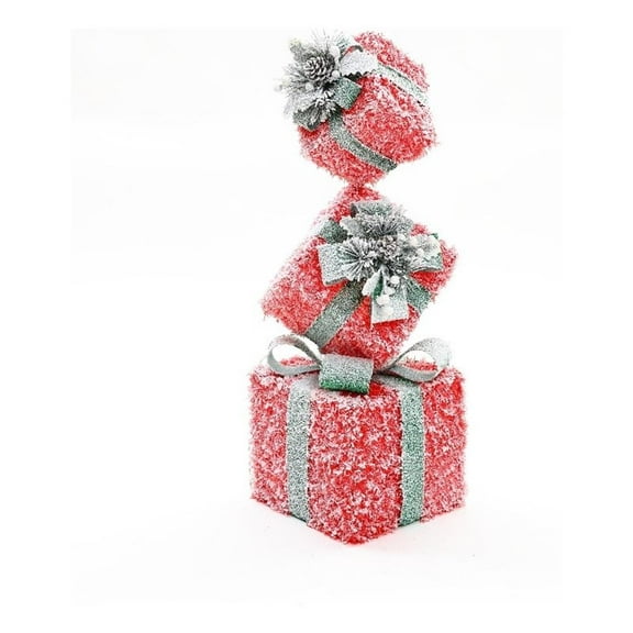 LuxenHome Red Frosted Gift Boxes with Battery Operated Lights