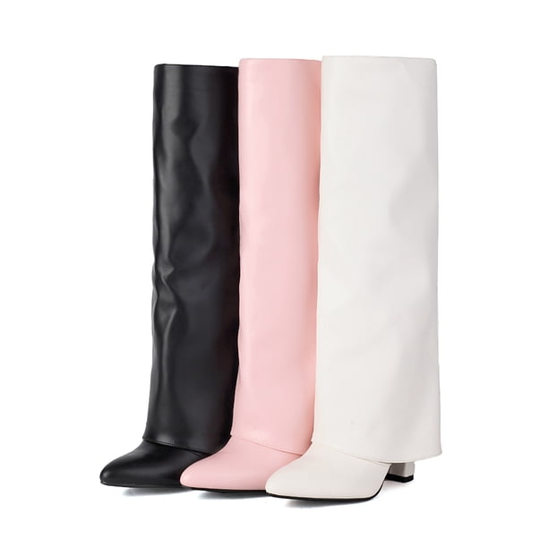 Knee High Fold over Boots for Women Winter Fall Leather Pointed