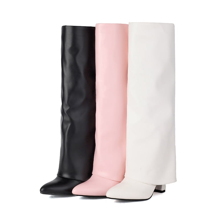 Knee High Fold over Boots for Women Winter Fall Leather Pointed