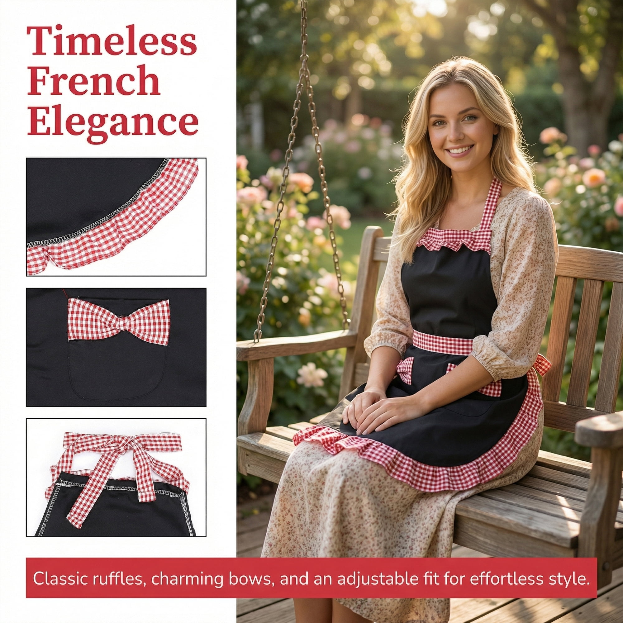 Unique Bargains Maid-style Durable Polyester Aprons with Pockets 25.4x28in Black Red