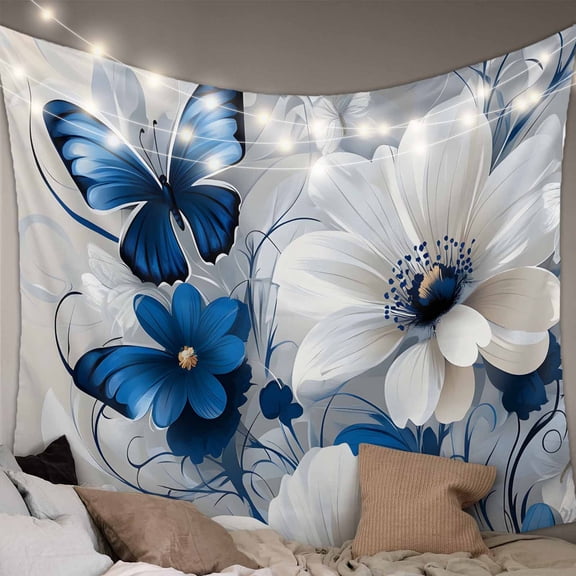 White Blue Flowers Tapestry for Bedroom Wall Hanging Tapestry, Modern Elegance Butterfly Floral Ceiling Backdrop Tapestries Poster Blanket Wall Decor for Teens Room Living Room Dorm 39" x 59"