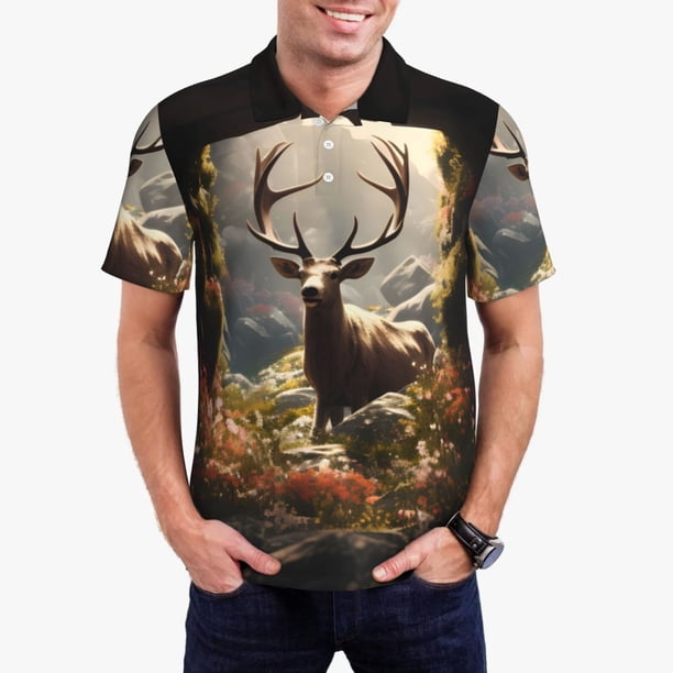 Balery Enchanted Deer In Cave Camisa Polo de Hombre con Estampado, de Manga Corta y Tejido Medio, Camisa Tipo Golf Polo-3X-Large
