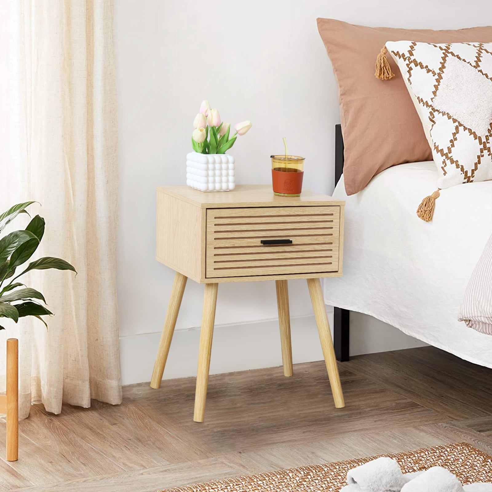 KATHY&BOB Striped Grooved Nightstand Set of 2, Bedside Table with Wood Storage Drawer, End Table for Bedroom, Natural