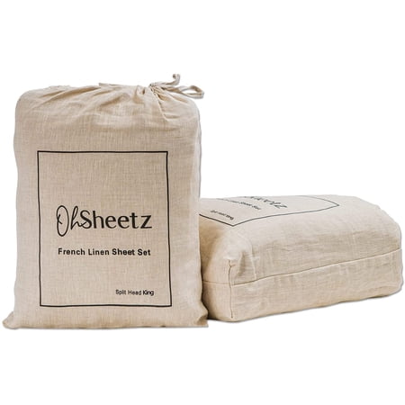 Oh Sheetz Flex / Split Top King French Linen Sheet Set - All Natural Luxury Sheet Set - Split Head Fits Up to 34" & Deep Pocket Fits Up to 15" Mattresses - Natural Flax - Bed Linen Sheet Set