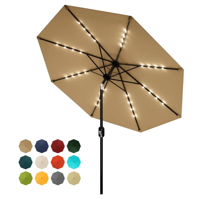 9FT Patio Market Umbrella with 32 Solar Powered LED Lights - 8 Ribs, Tilt & Crank, UV-Resistant, Waterproof - Outdoor Garden, Pool, Deck, Backyard, Table Use