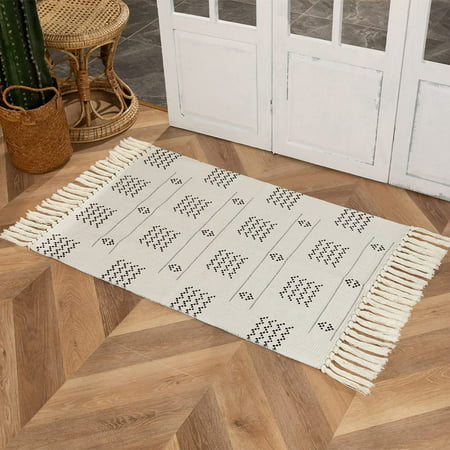 Boho Cotton Woven Rug For Kitchen, Small Area Rugs For Bathroom