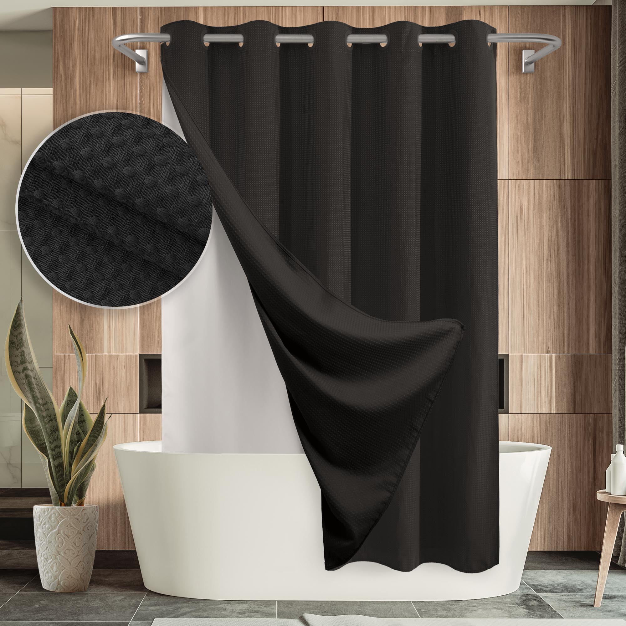 Barossa Design Hotel Grade Shower Curtain with Snap-in Liner Waffle Weave- Machine Washable, 71' x 74', Black