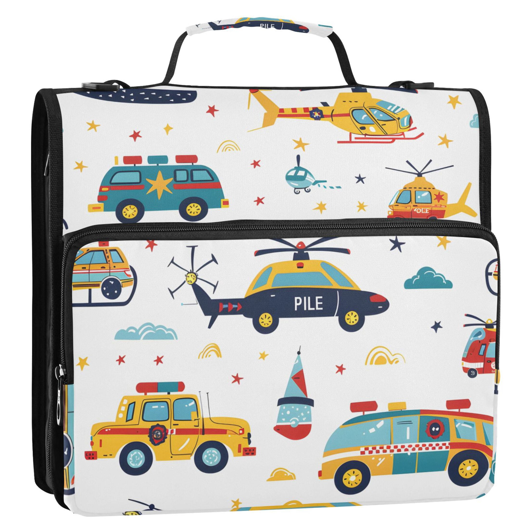 3 Ring Zipper Binder with Shoulder Strap Waterproof Trapper Keeper 2 Inch D-Ring 500 Sheets Capacity Hand Drawn Car Helicopter