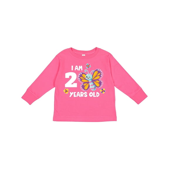 Inktastic I Am 2 Years Old Cute Smiling Butterfly with Flowers Girls Long Sleeve Toddler T-Shirt