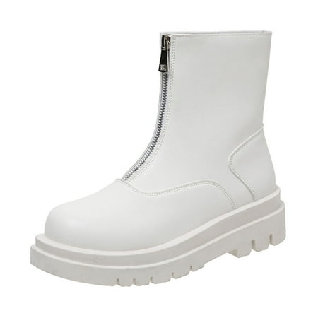 

GNEIKDEING Ladies Solid Color Round Toe Front Zipper Platform Short Boots Gift on Clearance